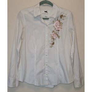 Women's Banana Republic Pin Striped Blouse ~Embroidered Flowers ~Raw Edge ~ Sz M